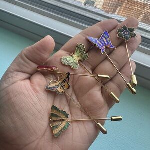 Vintage Cloisonne butterfly flowers stick pins lot set of 5